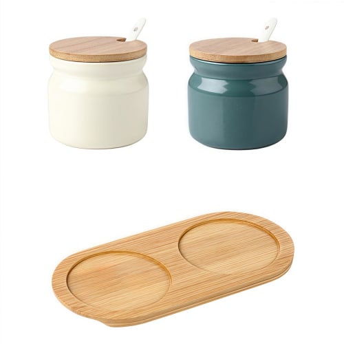 BDHD Ceramic Seasoning Set with Sugar, Salt, Spice Containers, and Oil Bottles, Nordic Design, Ceramic Spice Box Set for Home Kitchen Storage (Ivory &