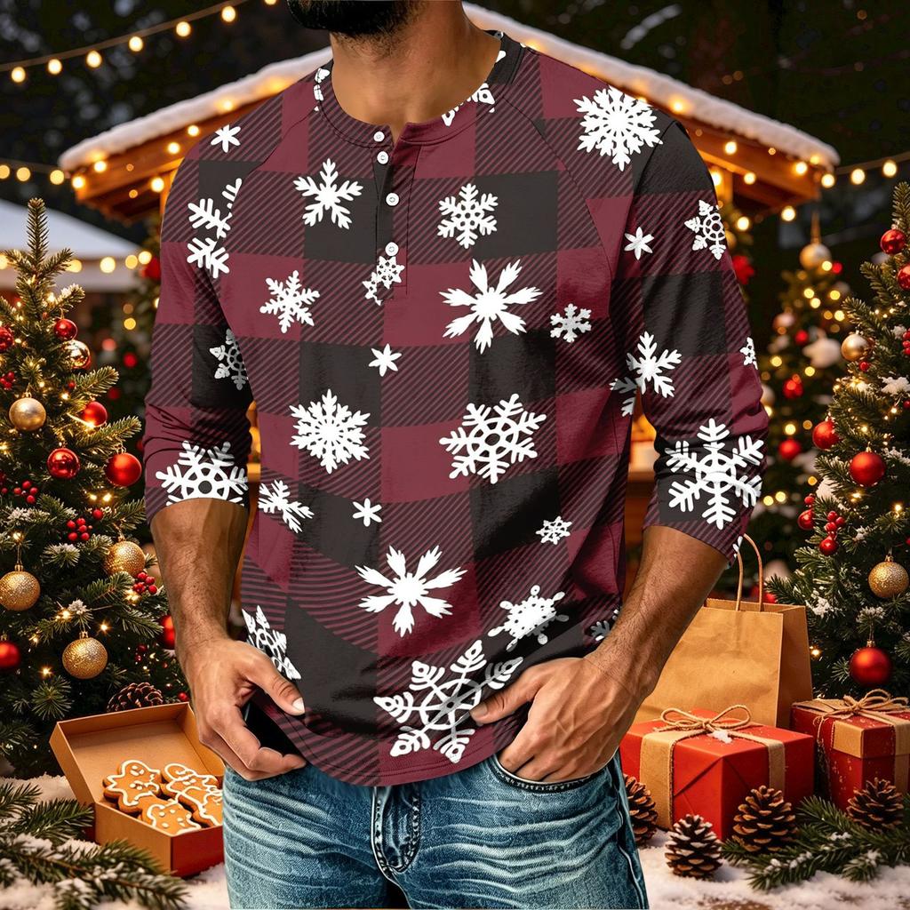 Men's Casual Shirt with Raglan Three-Quarter Length Sleeves Christmas Print Pullover