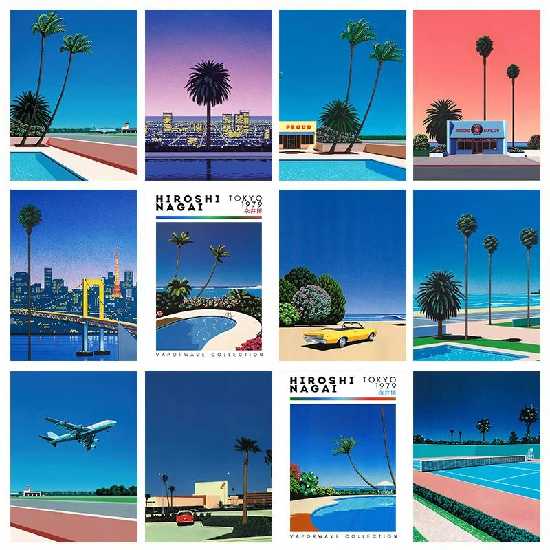 Hiroshi Nagai Vaporwave Japan Beach City Summer Canvas Print Lawn Landscape Wall Art Poster for Nordic Living Room Home Decor