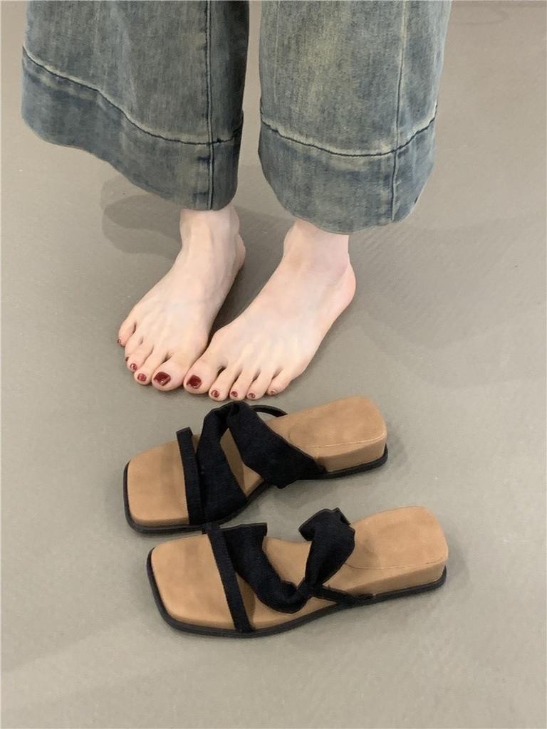 Platform Open-toed Sandals Women's 2025 Summer Korean Version Retro Linen Bohemian Vacation Beach Slippers