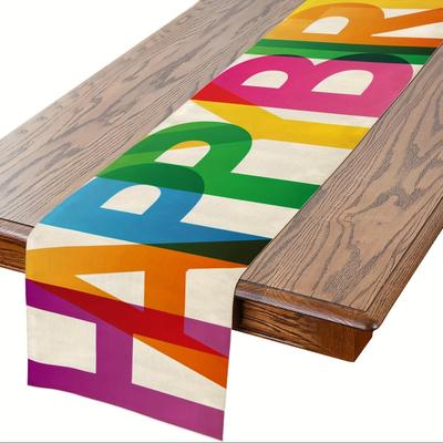 1 Piece Colorful Linen Happy Birthday Table Runner - Vibrant Polyester Linen Trim for Kitchen, Outdoor Party Decorations.