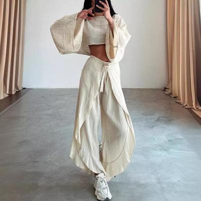 2 Pcs/Set Women Crop Top Pants Set Long Sleeve Boat Neck Short Top High Waist