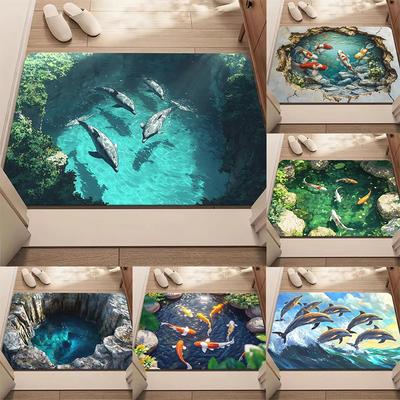 3D Ozean-Themen-Fußmatte mit Koi-Fischen, Klippenbecken, Delfin-Designs, künstlerischer realistischer Druck, Matte, Fußmatte für Eingangsbereich, Türschwelle