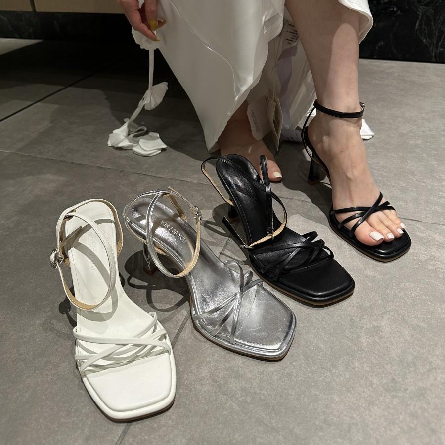 2025 Summer New Fashion Strappy High-heeled Sandals European and American Style Versatile Square Head Strappy Heel Buckle Open-toed Women's Shoes