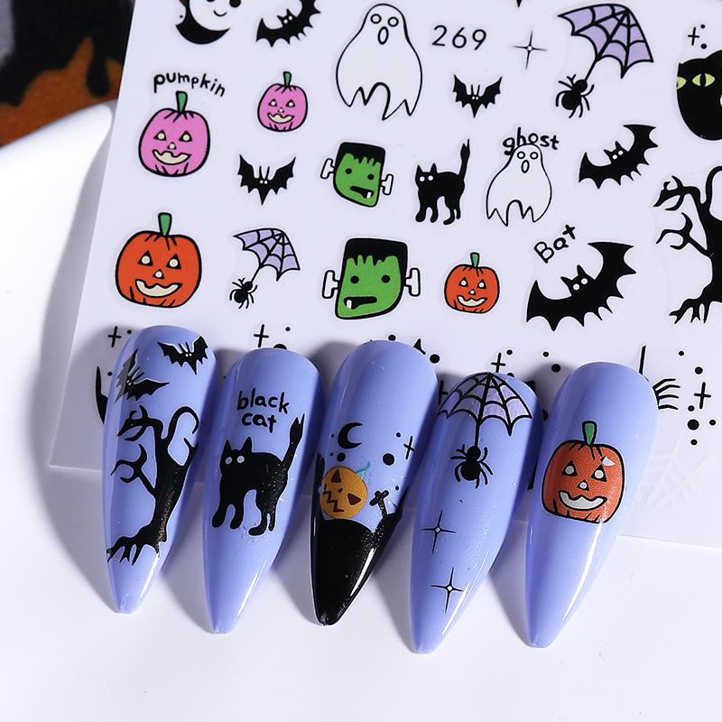 1/6 Pcs Halloween Nail Stickers Cute Skull Pumpkin Ghost Spider Nail Slide Decals Nail Supplies Manicure Decoration