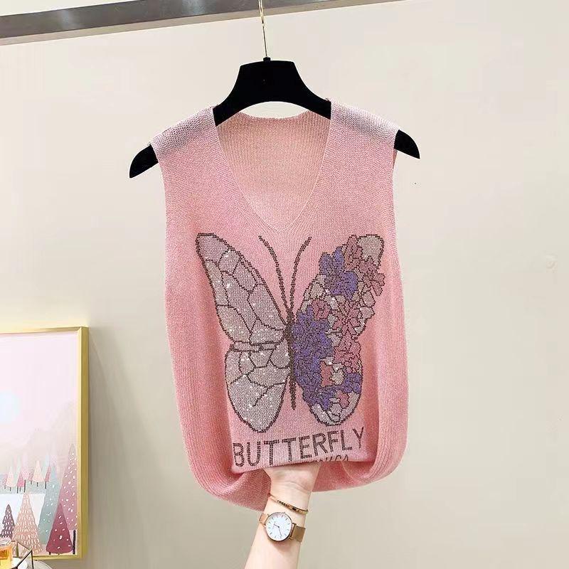 2023 Shiny Silk Sleeveless V-Neck Women's Vest - Spring/Summer New Style, Loose Fit with Hot Diamond Sling Knitted Design