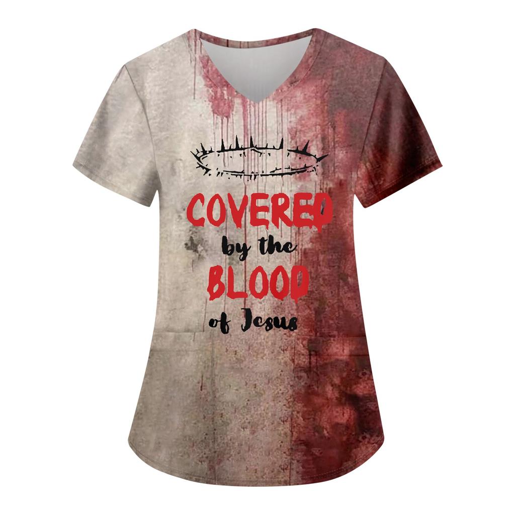 Women's Fashion Casual Halloween Printed Pocket T-shirt Tops