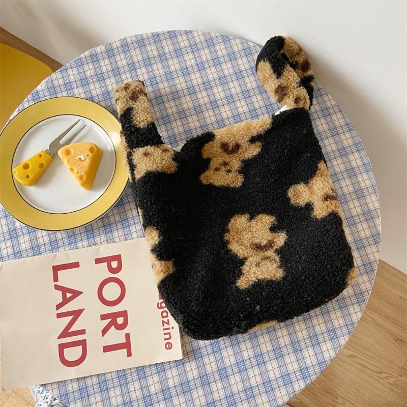 

2 ретро милый плюшевый медведь-ягненок сумка-тоут повседневная студенческая наплечная сумка сумочка сумка для бэнто чёрный