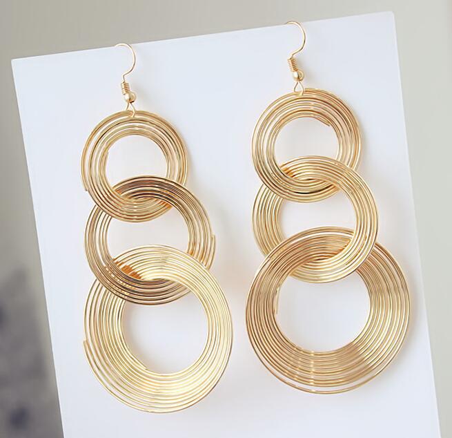 3 Circles Long Hanging Earrings for Women Gold Color Multi-layers Wrap Round Big Statement Exaggerated FashionEar Jewelry