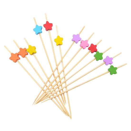 100PCS Disposable Cocktails Picks, Bamboo Long Fruit Label, Cartoon Decor Sharp Tip Skewers, for Burgers Sandwiches Fruits Desserts