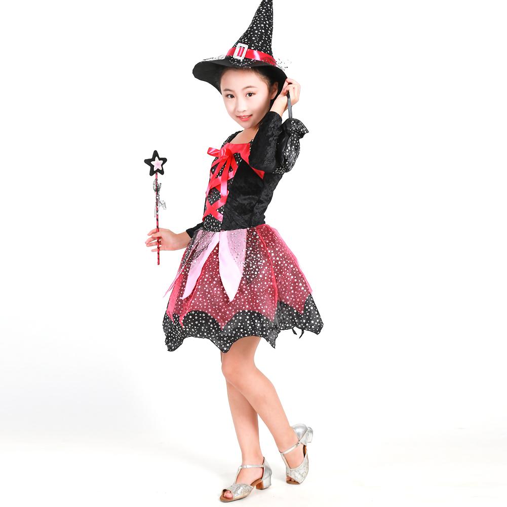 Kid Girls Halloween Witch Costume Sparkly Silver Stars Printed Carnival Cosplay Dress With Pointed Hat Wand Dress Up Clothes