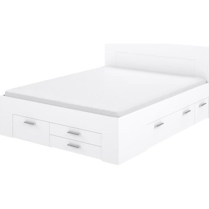 Contemporary Adult Bed 160x200 Cm - 4 Drawers - 2 Bedside Tables with Niche - Matt White Decor - UDINE