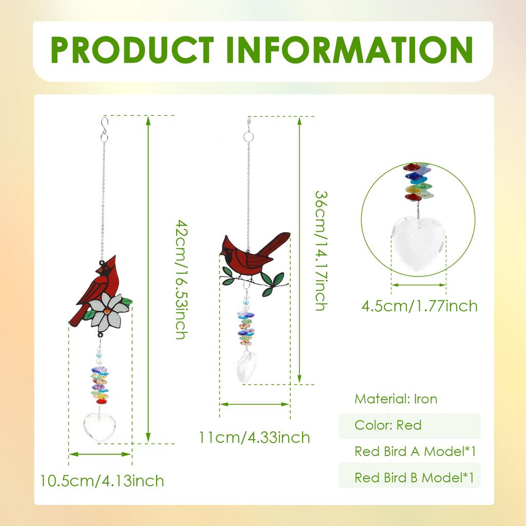 2Pcs Red Bird Suncatcher Sun Catcher Ornament Crystal Glass Heart Pendant Exquisite Window Decor Suncatcher Present for Home