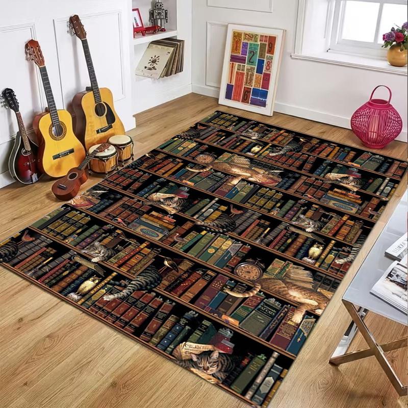 Vintage Library Rug for Study RoomBookshelf Patterned Carpets,Classic Home Decor Elements Anti Slip Carpet Can Be Machine Washed