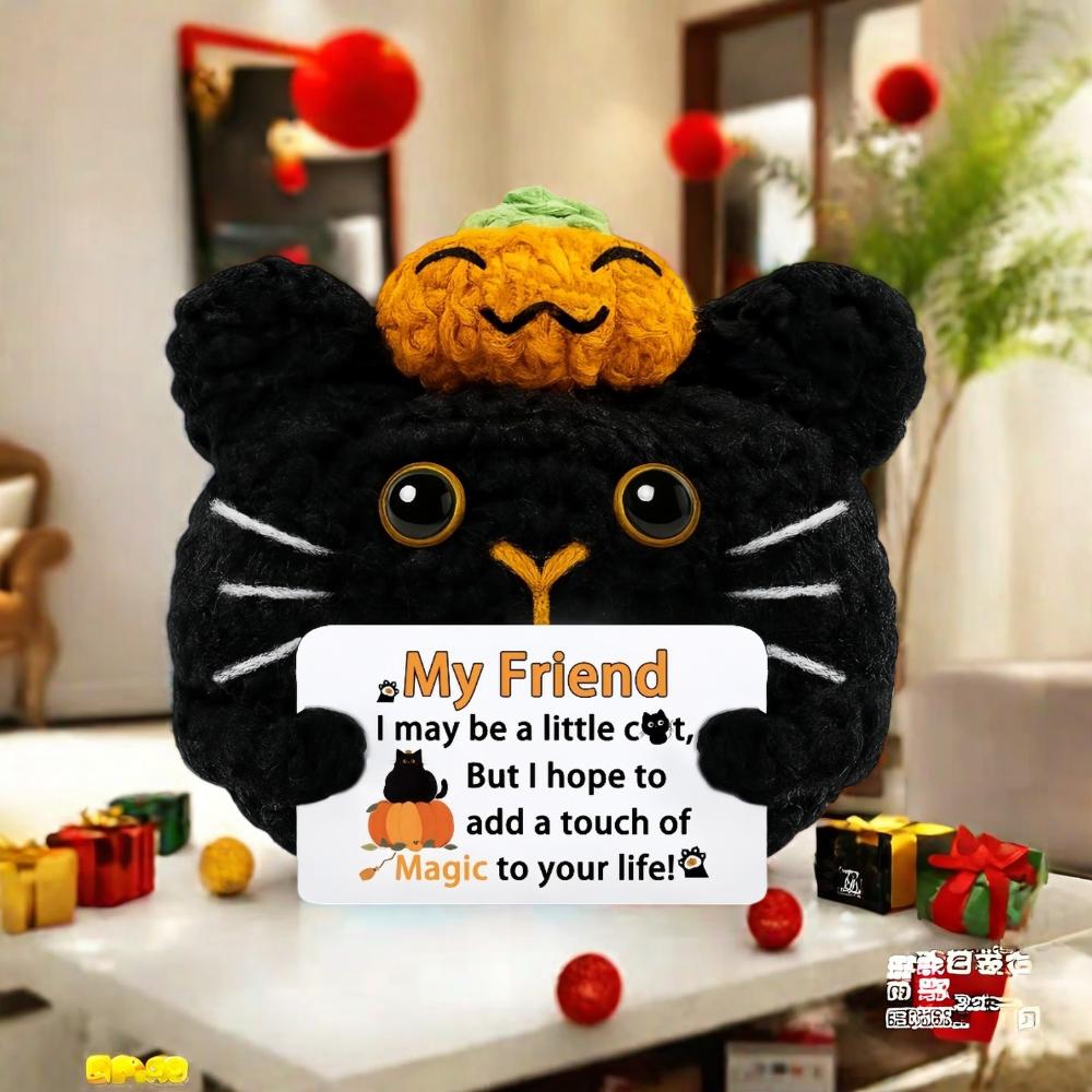 Handmade Pumpkin Cat Dolls Funny Positive Emotion Cute Crochet Mini Pocket Dolls with Card Home Decor Party Gift Ornament