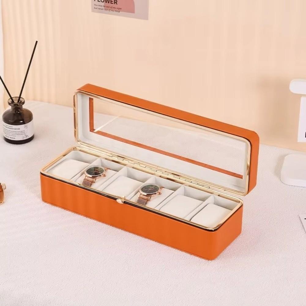 New PU Leather Watch Storage Box Clear Window 6 Slots Watch Organizer Case Soft Interior Transparent Lid Watch Bracket