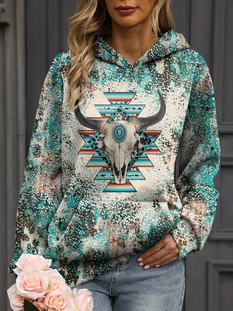 Vintage-Inspired Western Print Sweatshirt - Soft, Casual, Drawstring Hoodie with Pocket for Women Long Sleeve Pullover Design