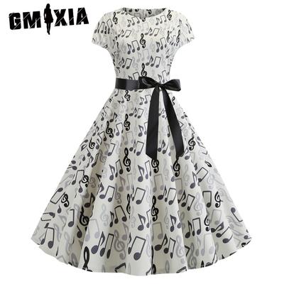 Vintage Women's Crewneck Bag Sleeve Note Print Black Ribbon Swing Dress