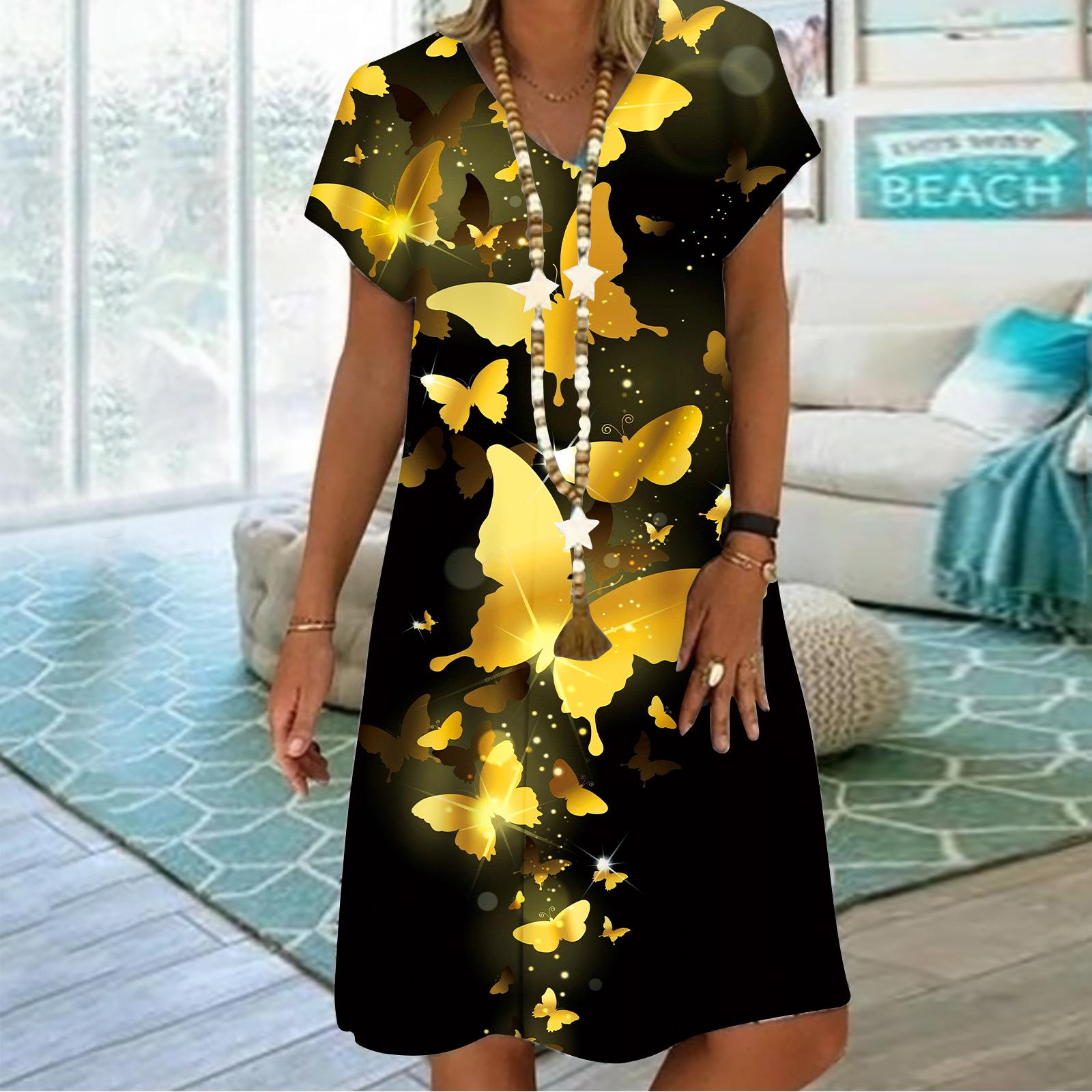 

Летнее модное платье с v-образным вырезом, женское платье с коротким рукавом и принтом бабочки и луны, свободное повседневное платье для женщин 4XL золотой