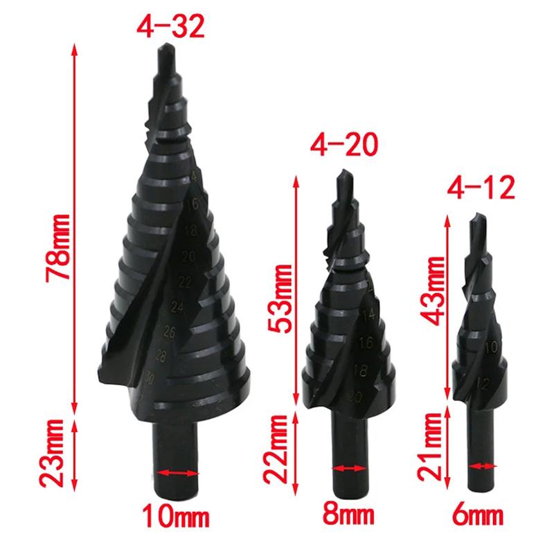3 stk/sett 4-32 mm HSS kobolt trinnvis borsett nitrogen spiralhull