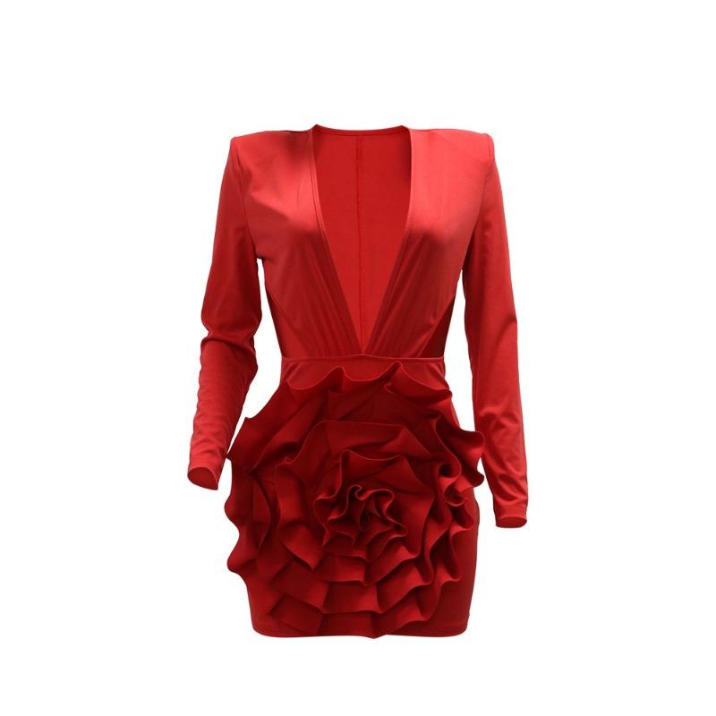 Women's Fashion Sexy V-neck Solid Color Dress Package Hip Long Sleeve Short Evening Dress