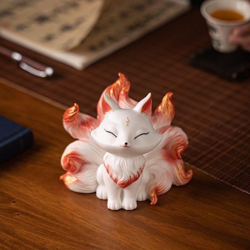 Nine Tailed Fox Statue Ceramic Animal Sculpture Mythical Creature Home Decor Living Room Tabletop Ornament Oriental Art Gift