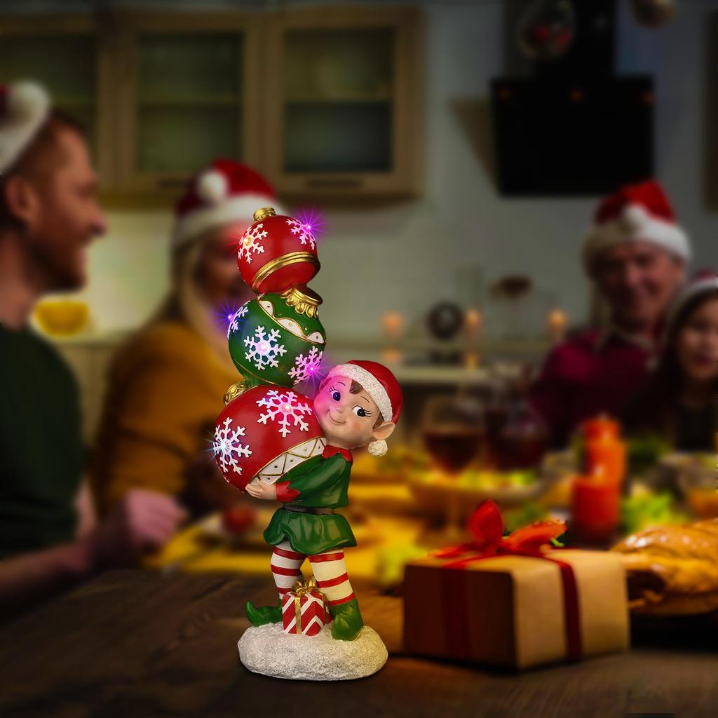 YUETJIN 12" Indoor Farbwechselnde Gestapelte Weihnachtskugel Elfenornament – Schneeflocken-Weihnachtsdekoration mit LED-Lichtern