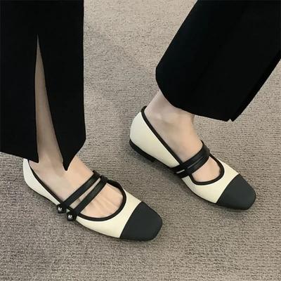 Pantofi Plați Noi de Damă Patchwork cu Cataramă Dublă, Piele cu Vârf Negru, Pentru Femei, Primăvară Toamnă, Zapatos Mujer