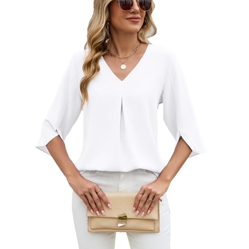 Women's V Neck 3/4 Split Sleeve Blouse Loose Fit Front Pleated Detail Casual Solid Chiffon Top