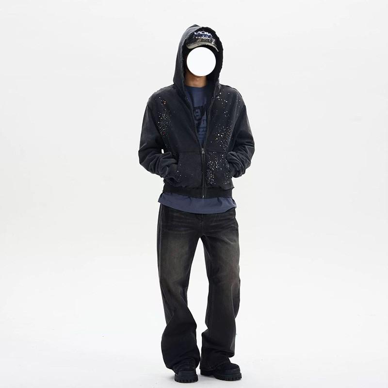 Herren Damen Kapuzenpullover mit durchgehendem Reißverschluss Gewaschener Vintage-Look Mit Strasssteinen Verziert Lockerer Schnitt