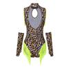Women Latin Dance Leopard Bodysuit Matching Oversleeve Tassel Detail Front Keyhole Backless Hollow Out Waist Buttoned Crotch Leotard for Tango Cha Cha
