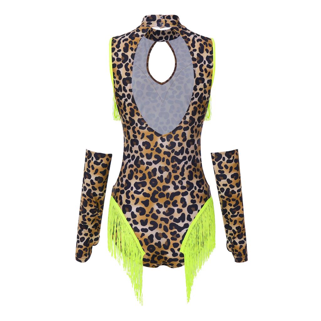 Women Latin Dance Leopard Bodysuit Matching Oversleeve Tassel Detail Front Keyhole Backless Hollow Out Waist Buttoned Crotch Leotard for Tango Cha Cha
