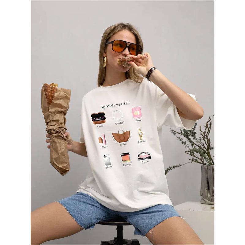 

Ретро женский топ с коротким рукавом - Веселый и милый принт, Легкий летний стиль L белый