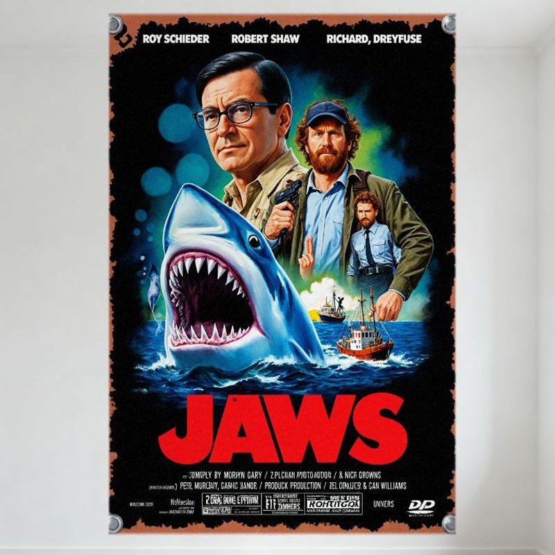 

Jaws Vintage Movie Poster Metal Tin Sign, Roy Scheider Robert Shaw Richard Dreyfuss, Great White Shark, Home Bar Man Cave Decor, 20x30cm（7.8x11.8inch）