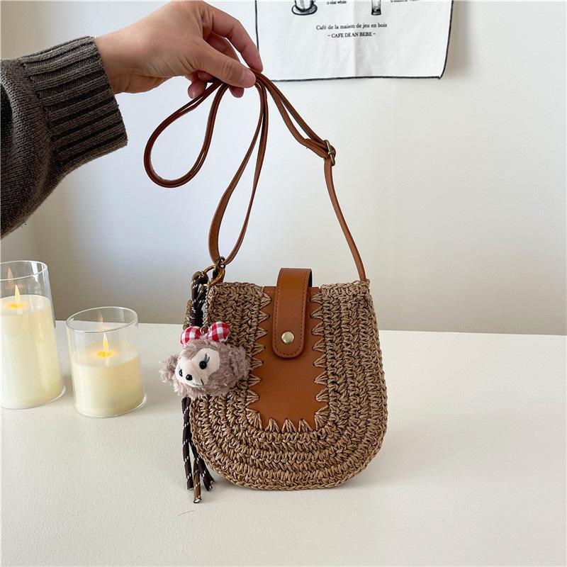 Straw Bag Women's 2025 New Versatile Casual Woven Oblique Span Small Bag Seaside Vacation Beach Shoulder Mobile Phone Bag