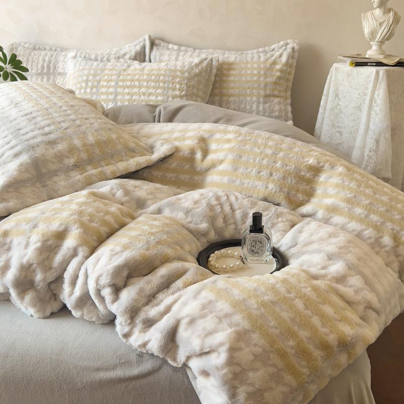 3D Three-Dimensional Thickened Rabbit Hair Carved Fleece Milk Fleece Four-Piece Single Quilt Cover