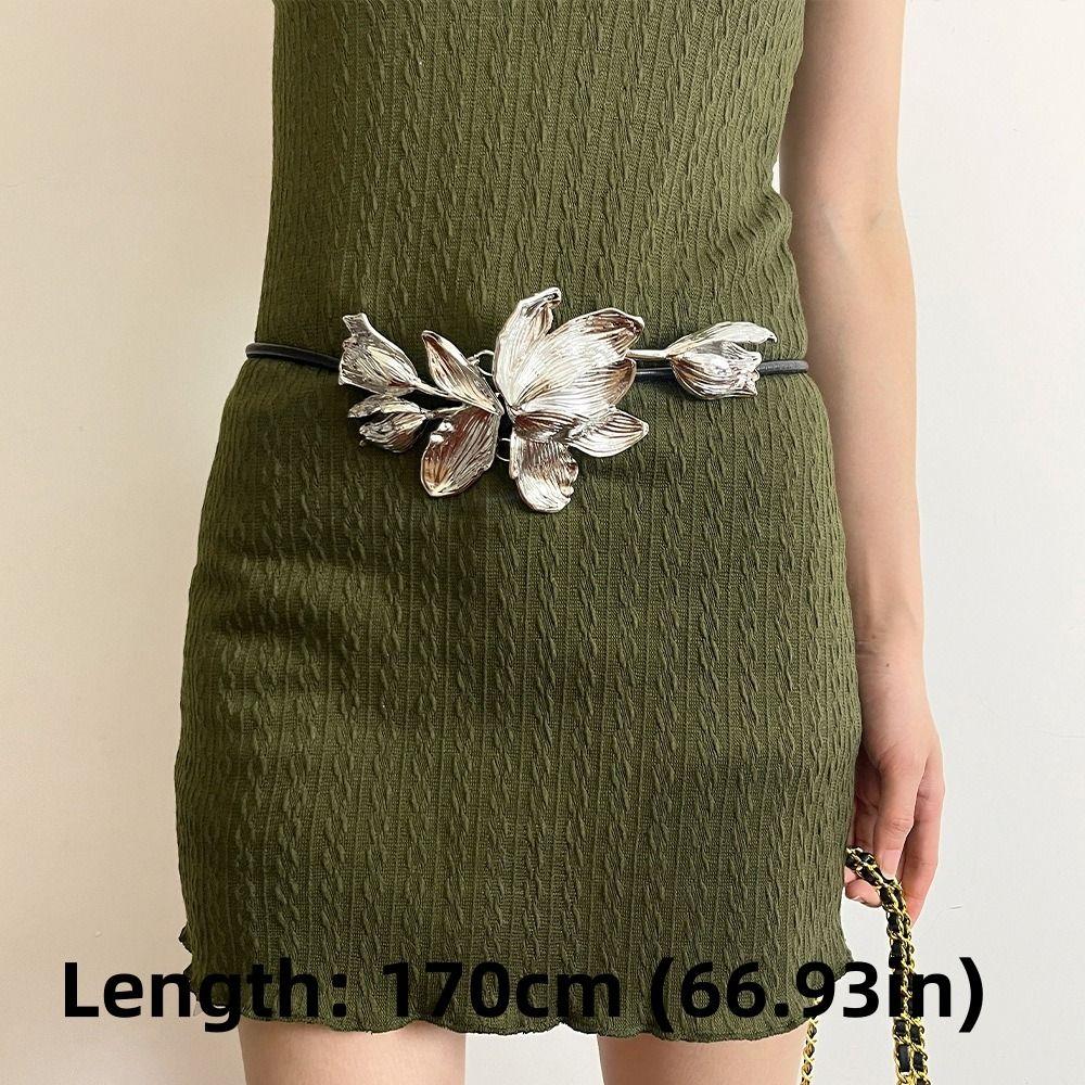 Black Leather Rope Flower Belt Metal Body Chain Waist Link Exaggerated Waist Chain  Women