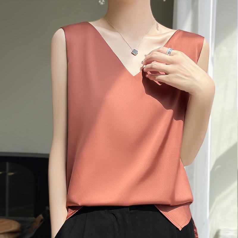 Reversible Satin Camisole for Women - V-Neck Front, Round Neck Back, Solid Color, Perfect Silk Vest to Pair with Suits