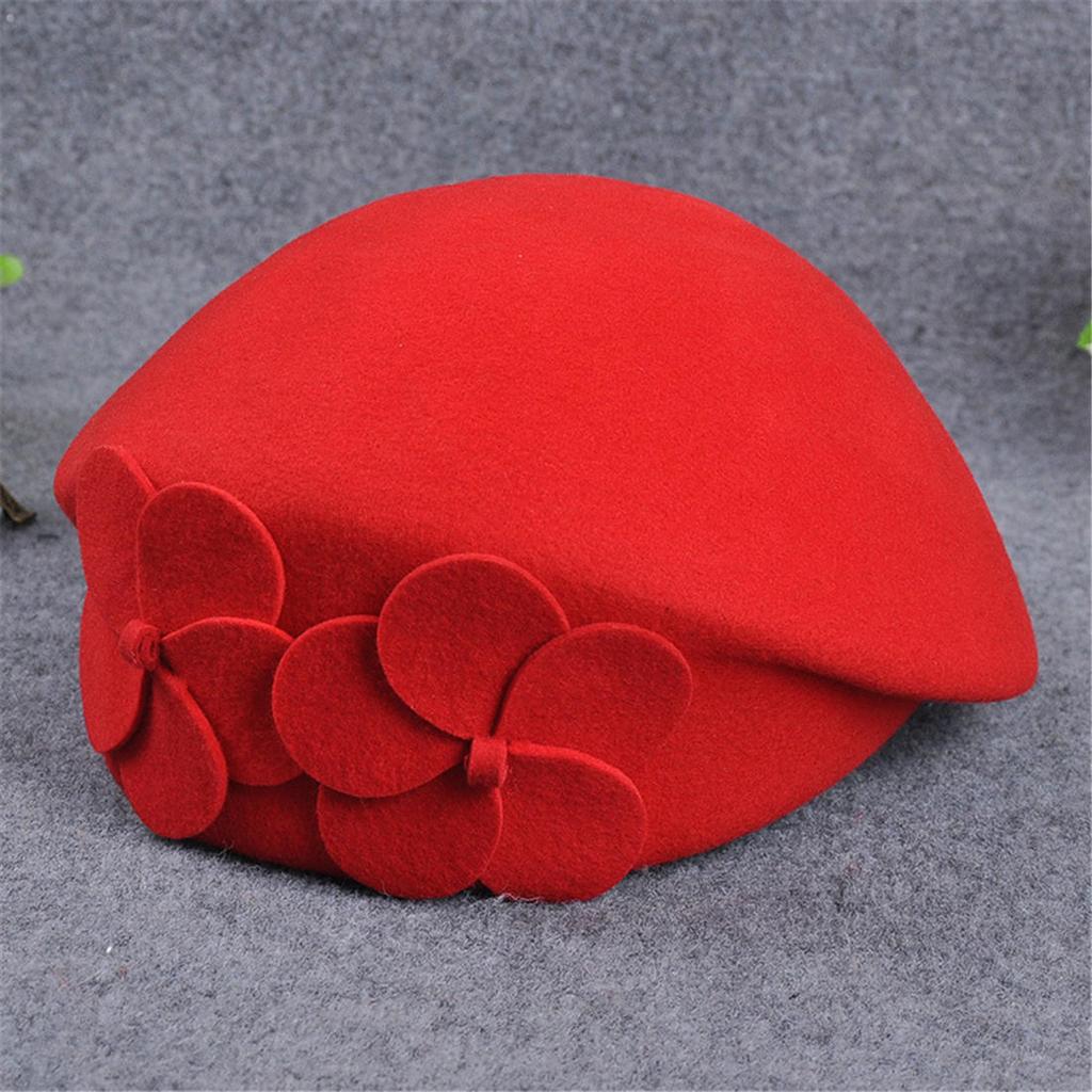 Elegant British Style Double Flower Woolen Beret Hat Ladies Winter Wool Felt Hat Airline Stewardess Cap