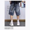 American Retro Ripped Graffiti Denim Shorts Men's Summer Straight Wide-leg Street Loose Casual Five-point Pants Trendy Graffiti Print Denim Shorts