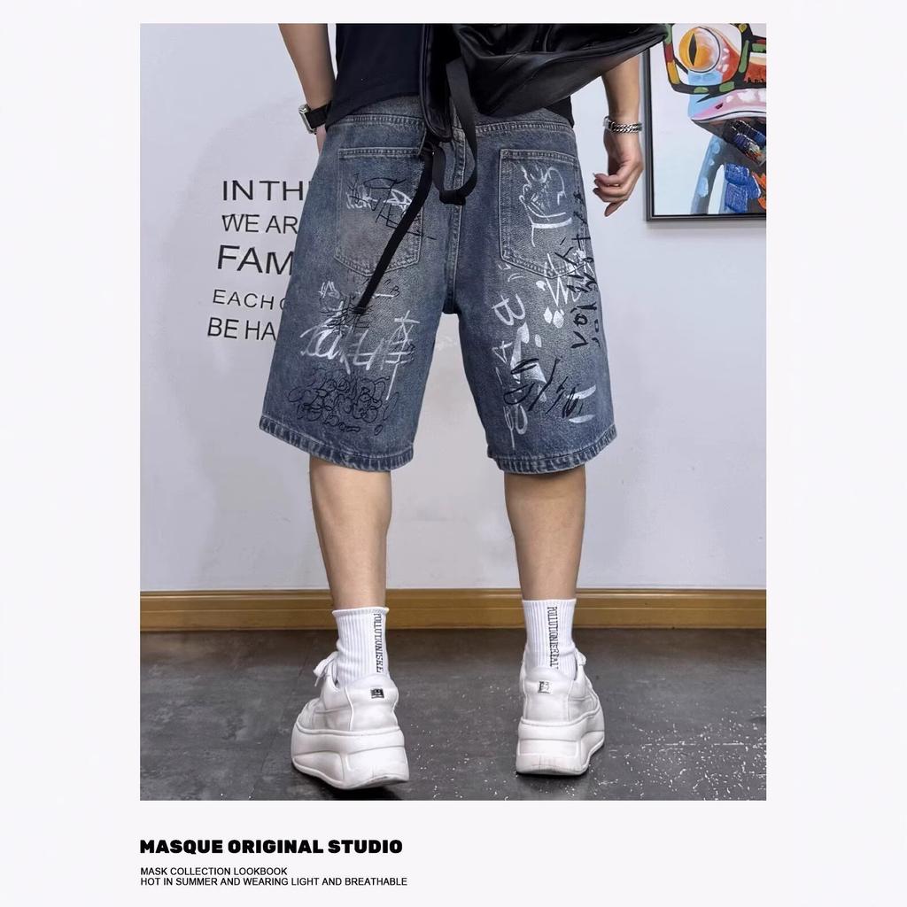 American Retro Ripped Graffiti Denim Shorts Men's Summer Straight Wide-leg Street Loose Casual Five-point Pants Trendy Graffiti Print Denim Shorts