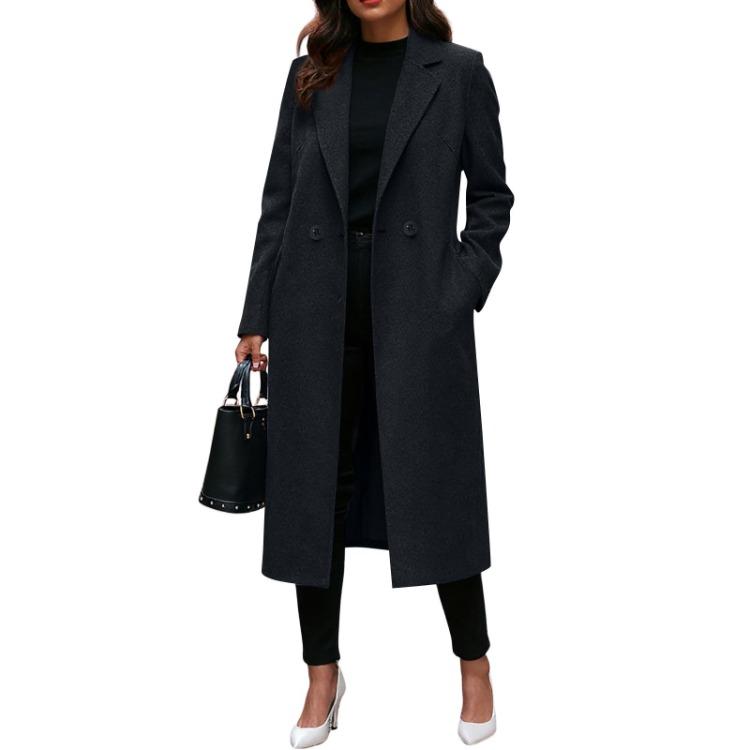 Women Fashionable Color Lapel Long Sleeved Woolen Coat