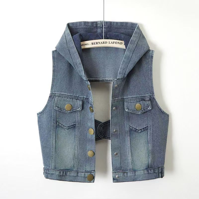 Fashion Denim Vest Women Summer Hooded Thin Lightweight Korean Style Backless Casual Jacket