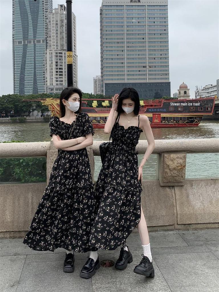 Chiffon Floral Summer Dress for Women - 2025 Design with Slimming Waist, Slit, and Square Neckline