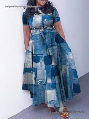 Elegant Cross-Border African Plus Size Short Sleeve Lace-Up Dress