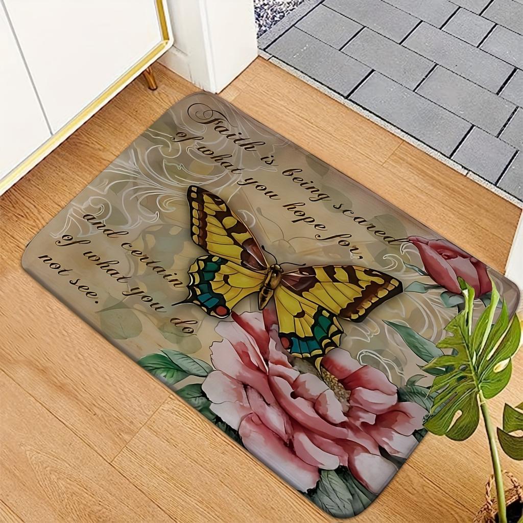 Butterfly Floral Quote Doormat "Faith Is Being Scared.." Print Entry Mat Decorative Floor Rug for Home Porch Living Room Bedroom