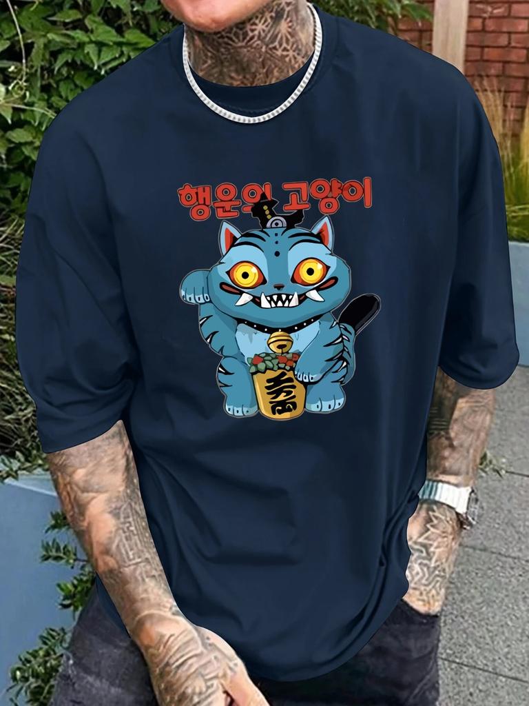 Men's Kpop Graphic T-shirt Navy Blue Anime Tee Cute Blue Character Lightweight Breathable Summer Shirt For Korean Pop Fans