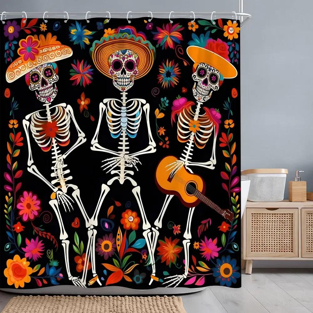 Halloween Skulls Roses Shower Curtain Horror Skulls Crows Red Flowers Polyester Fabric Shower Curtains Bathroom Decor with Hooks