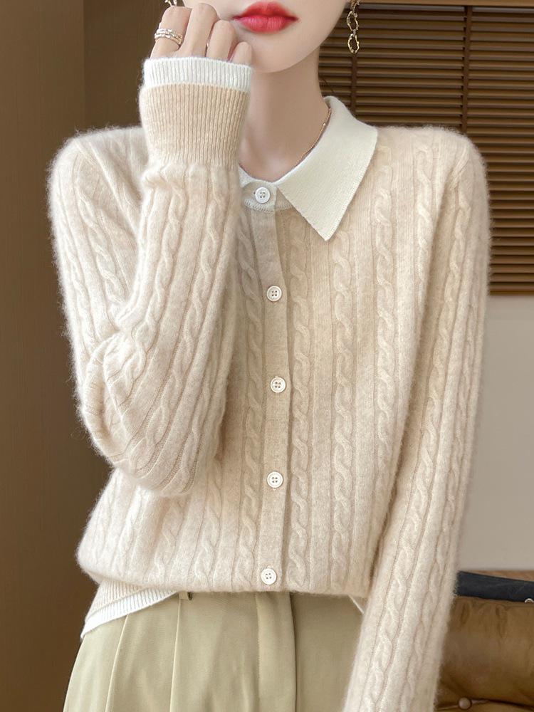 Women's Autumn Knitted Wool Cardigan with Doll Collar – High-End Fashion Sweater Coat
