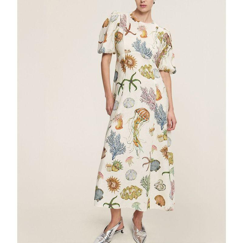 

Fashion Personalized Graffiti Lantern Sleeve Casual Fashion round Neck Dress Color S